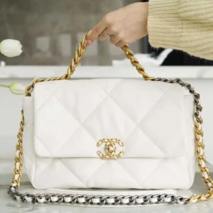 Chanel 19 Large Handbag Lambskin Gold AS1161 White