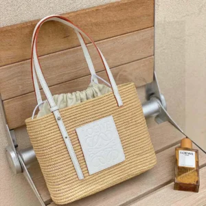 Loewe Small Square Basket Bag In Raffia And Calfskin NaturalWhite