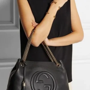 Logo Chain Handbag Black Leather Tote Bag