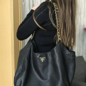 PRADA Vitello Soft Chain Handle Shoulder Bag Nero 48 x 33 x 20cm