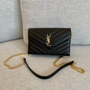 YSL Cassandre Envelope Chain Wallet Black Grain Leather Golden Hardware 19 cm