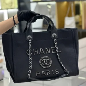 Chanel Natural Canvas and Black Leather Large Pearl Deauville Tote - 30x39x22cm