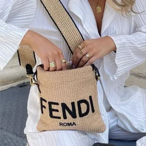 FENDI Sack Small Woven Straw Bag In Beige