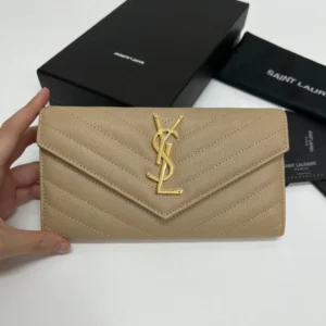 YSL Long Wallet Beige Leather Gold Tone 10772 19cm