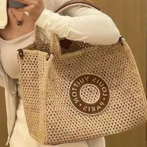 LOUIS VUITTON Raffia Calfskin By The Pool OnTheGo MM Natural 39x15x30cm