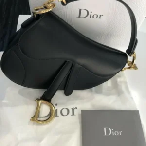 Dior Vintage Ostrich Black Leather Saddle Bag With Gold Ornaments