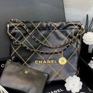 Chanel 22 Handbag 23B Shiny Calfskin Black Chain Quilt 35 x 37 x 7 cm