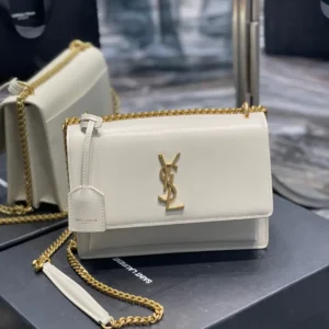 YSL Medium Sunset Bag 22 White Lambskin Gold Tone 22 x 16 x 8cm