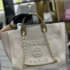 Chanel Natural Canvas and Tan Leather Large Pearl Deauville Tote - 30x39x22cm