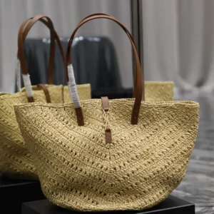 YSL PANIER MEDIUM IN RAFFIA AND VEGETABLE-TANNED LEATHER